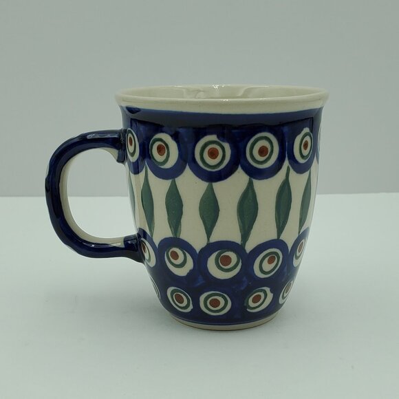 Polish Pottery Peacock Leaves Mug Peacock Blue Circles Green Stripes Mug - Picture 2 of 7